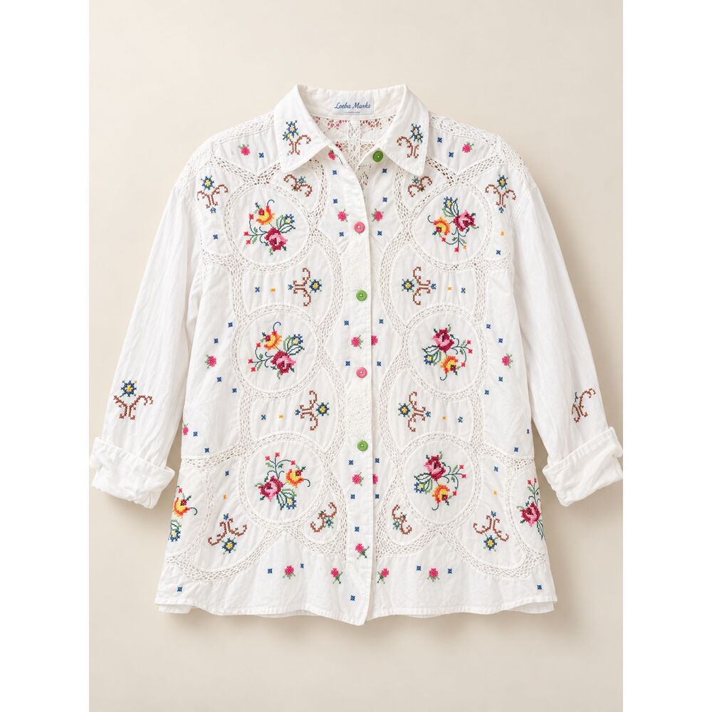 Leeba Marks Embroidered White Blouse Fits XL Floral Lace Button Front